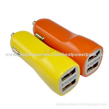 Made in China Recyclable Colorful 5V/2.1A Dual-USB Car Chargers, 12-24V DC Input